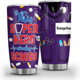 Personalized This Hero Wears Scrubs Nurse Tumbler Cup With Lid Double Wall Vacuum Insulated Travel Coffee Mug Birthday Christmas Nurse Week Appreciation Gift Women Men