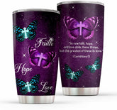 Purple Butterfly Faith Hope Cross Bible Love I Believe In God Personalized Stainless Steel Tumbler Gift For Women Bible Study Christian For Birthday Aniversary Wedding Holiday