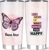 Personalized Do More Of What Makes You Happy Coffee Tumbler, Customized Name Twinkling Pink Butterfly Cup, Gift For Girl On Birthday, Holiday, Custom, 20 Or Stainless Steel, White