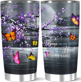 Personalized Coffee Tumbler, Customized Name Always On My Mind Forever In My Heart Tumbler, Butterfly With Tiny Flower, Large 20 Stainless Steel, Gift For Women Girl On Birthday