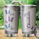 Faith Hope Love Tumbler, Butterfly Silver Style Personalized Stainless Steel Tumbler, Butterflies Gifts, Butterfly Gifts For Women, Christian Gift, Faith Gift, Faith Cross