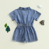 Toddler Girls Denim Overalls Shorts Short Sleeves Turn Down Collar Button Down Elastic Waist Jean Jumpsuit
