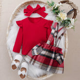 Baby Girls Autumn Clothes Set Long Sleeve Top Plaid Bow Skirt +Headband Casual Girls 3Pcs Outfit Christmas Costume For Infants