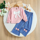 Toddler Clothes Sets Girls' Hoodie Set Bow Splicing Printed Wide Leg Pants Sweet Style Children's Two Piece Set Girls Outfits 7Y