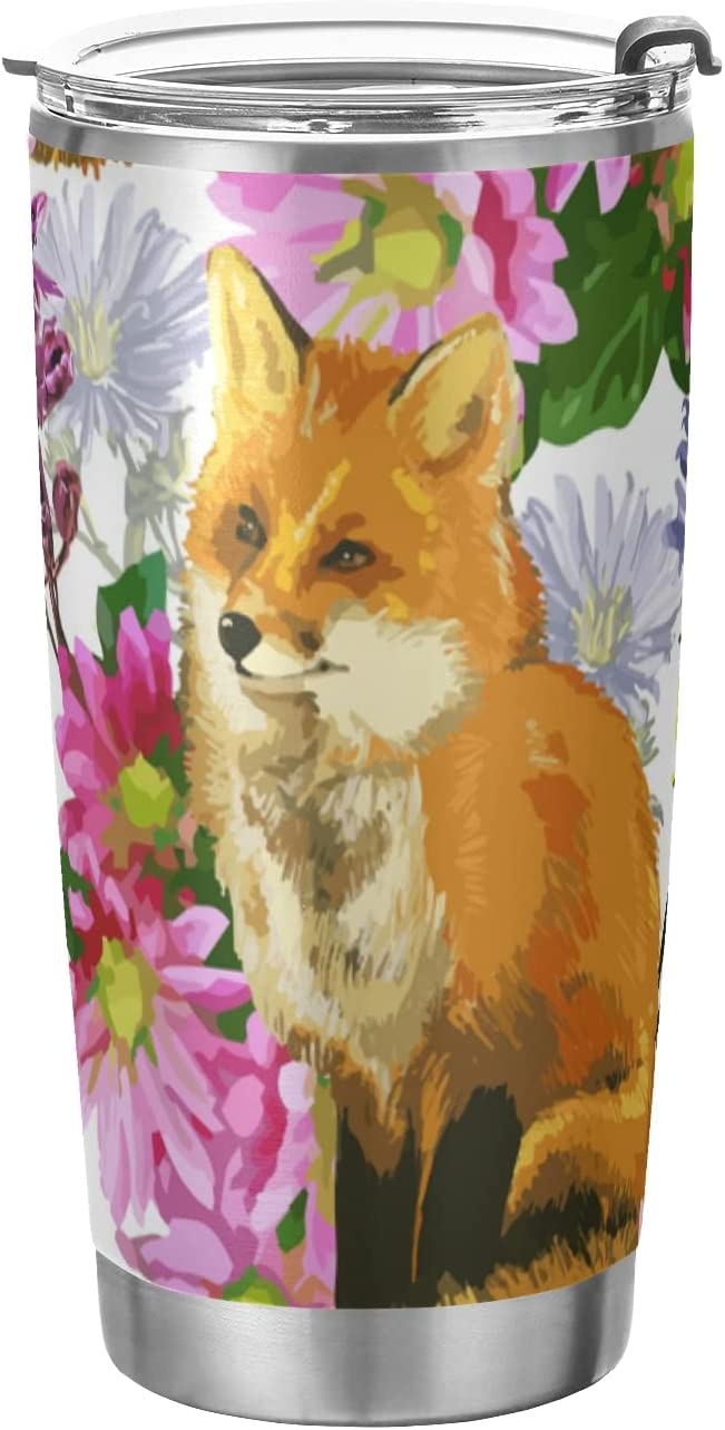 Autumn Foxes Flowers Tumbler Travel Coffee Mug Stainless Steel Double Wall Insulated Tumblers with Lid and Straw Ice Coffee Cups Leak Proof