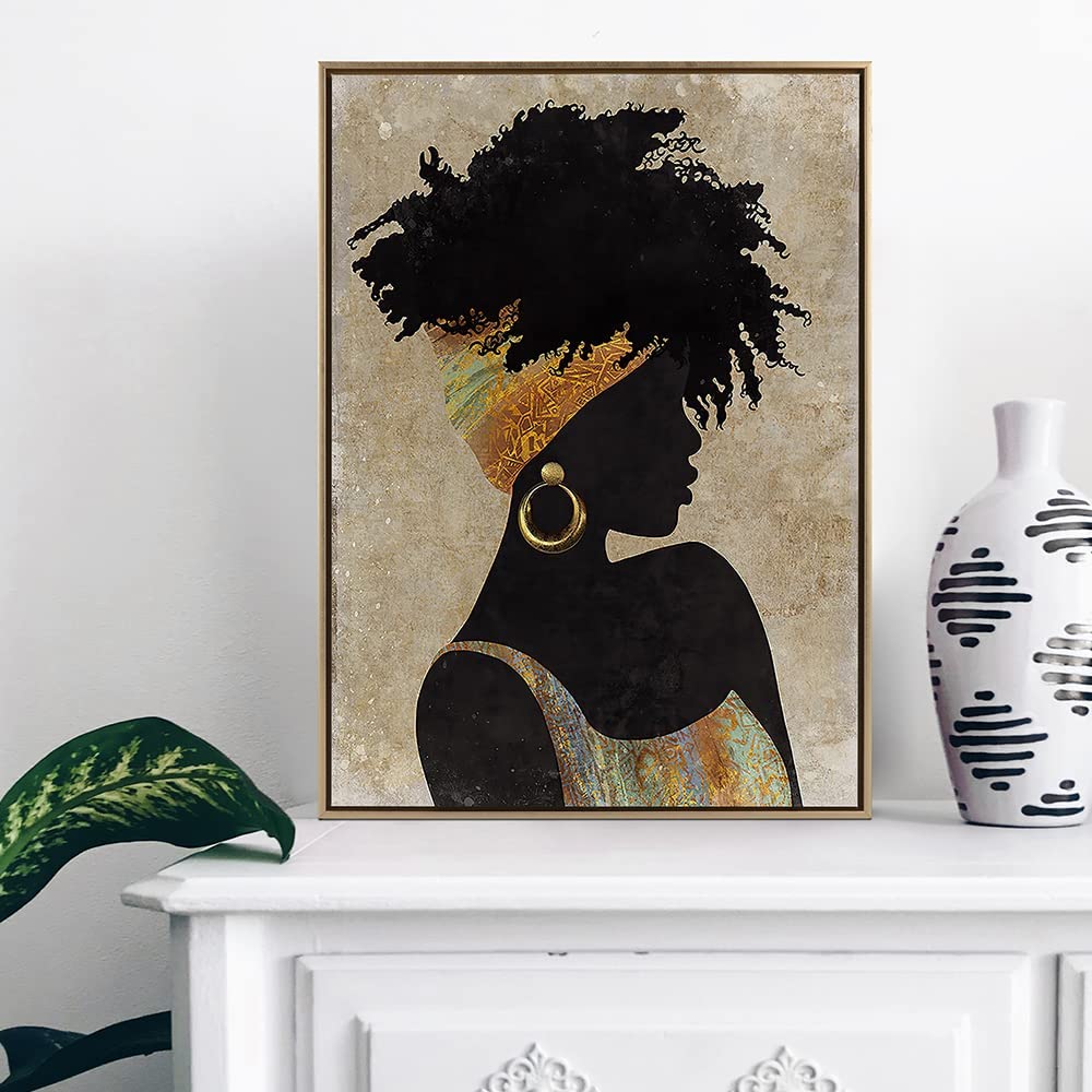 Black Girl Canvas, African American Women with Golden Earring Print Art Decor, Black Queen Girl Wall Art, Abstract Portrait Canvas Wall Poster Artwork for Modern Bathroom Bedroom Living Room