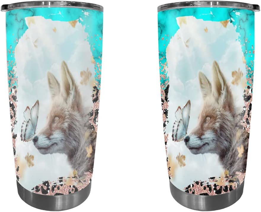Fox Tumbler, Fox And Blue Butterfly Tumbler Cup with Lid, Simple Modern Insulated Tumbler Cup with Flip Lid, Stainless Steel Water Bottle Iced Coffee Travel Mug