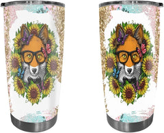 Fox Tumbler, Fox Sunflowers Tumbler Cup with Lid, Insulated Stainless Steel Tumbler with Travel Coffee Cup gift Vacuum Water Bottle, Kitchen Decor Mug Gifts
