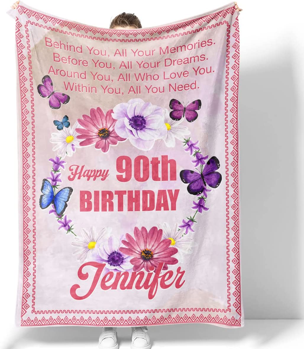 90Th Birthday Gifts Blanket For Women Her Wife Sister Mom Friends Grandmother Coworker Boss, Personalized Turning 90 Birthday Throw Sherpa Fleece Blankets