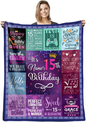 15Th Birthday Blanket, Custom Blanket With Name 15 Year Old Girl Gifts For Birthday Throws Blanket - Quinceanera Gifts Blanket - Personalized Gift For Teen Girls - 15Th Birthday Decorations