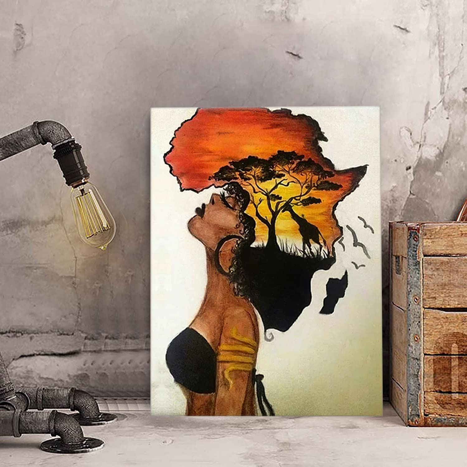 Canvas Black Girl, Framed African American Wall Art Homesick African Woman Posters Canvas Painting Black Girl Abstract African Sunset Landscape Wall Decor Picture Prints Art