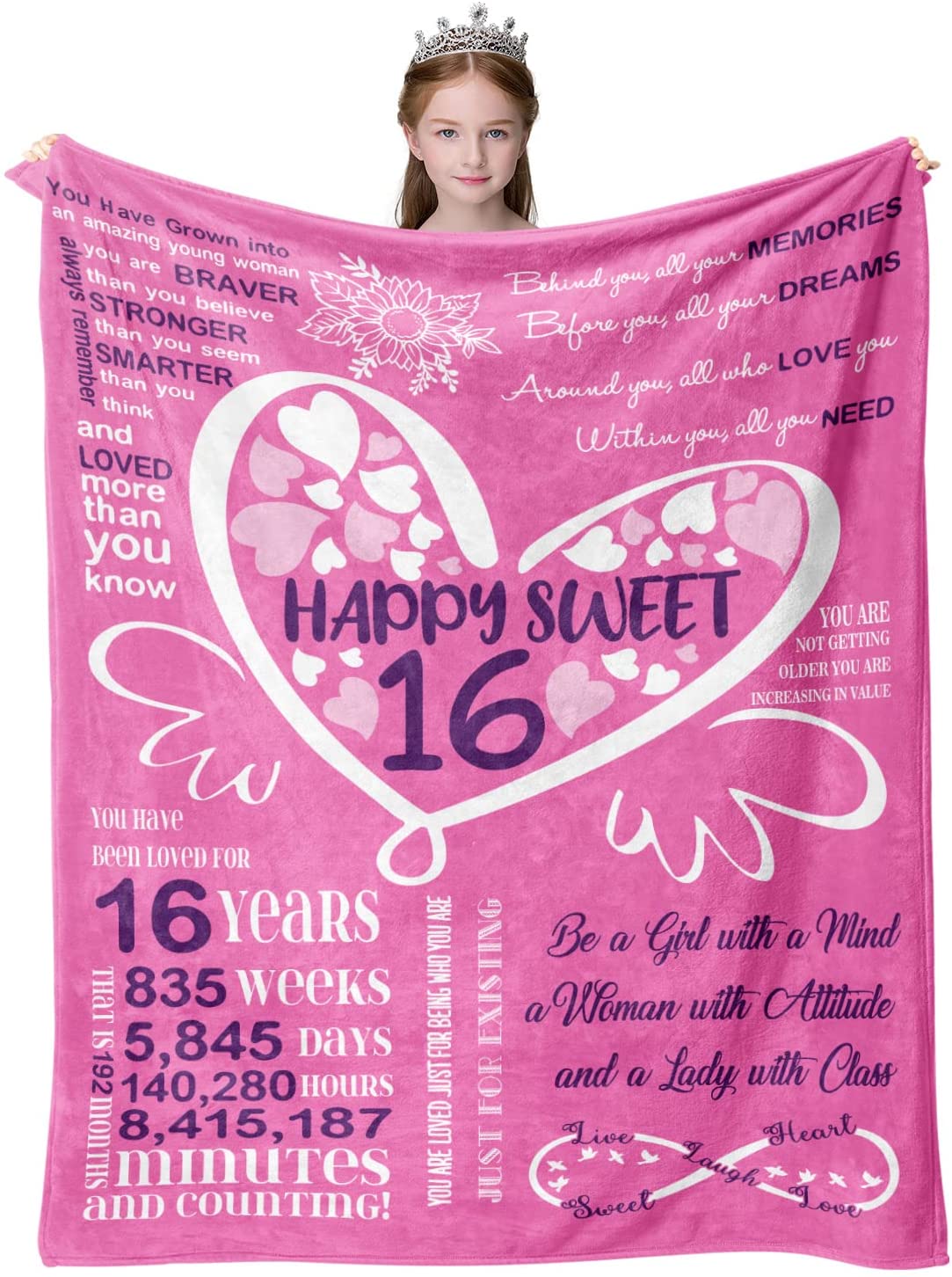 16Th Birthday Blanket, Sweet 16 Gifts For Girls Blanket, 16 Year Old Girl Birthday Gifts For Women, Sweet Sixteen Gifts For Daughter, Happy 16Th Birthday Gifts For Her Sister Blankets