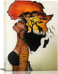 Canvas Black Girl, Framed African American Wall Art Homesick African Woman Posters Canvas Painting Black Girl Abstract African Sunset Landscape Wall Decor Picture Prints Art