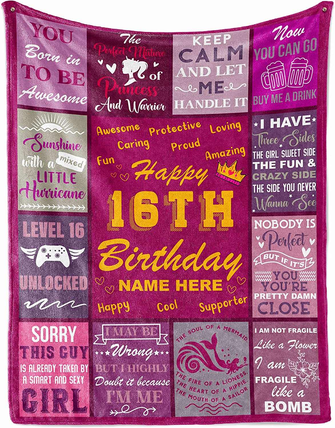 16Th Birthday Blanket, Teenage Girl Customized Name Sweet 16 Bday Decorations Cozy Fleece Sherpa Throw Blankets, Gift Birthdya Blanket