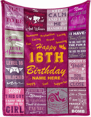 16Th Birthday Blanket, Teenage Girl Customized Name Sweet 16 Bday Decorations Cozy Fleece Sherpa Throw Blankets, Gift Birthdya Blanket