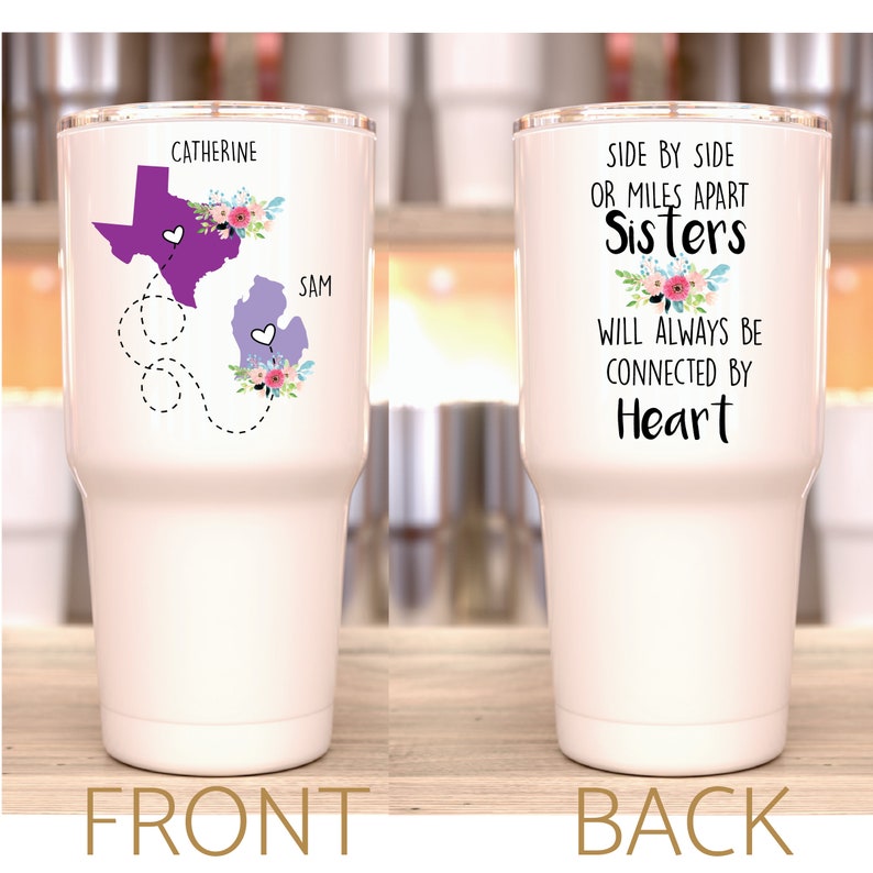 Besties Tumbler, Sisters Gift, Side by Side Sisters at Heart, Custom Sister Cup, Personalized Tumbler for Sister, Long Distance Gift