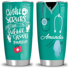 Personalized Nurse Coffee Scrubs Rubber Gloves Nurse Life Tumbler Cup with Lid, Double Wall Vacuum Sporty Thermos Insulated Travel Coffee Mug