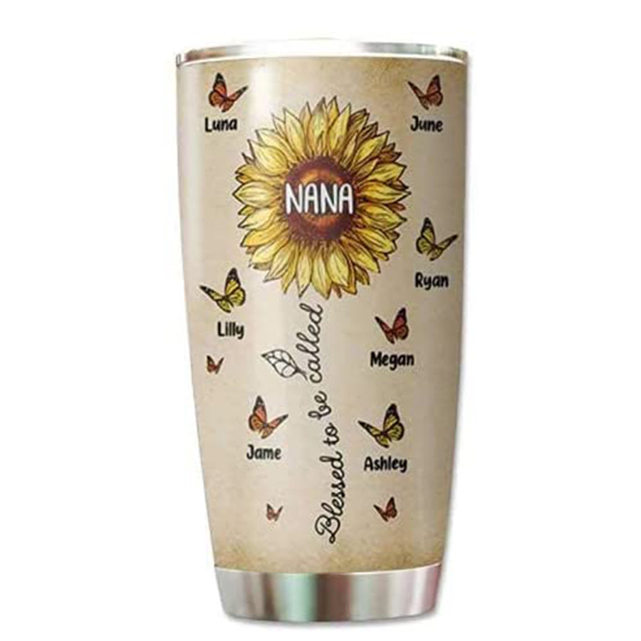 Personalized Sunflower Grandma Mimi Nana Grandkid Thanksgiving Christmas Tumbler Cup Sunflower Butterflies Tumbler Cup For Grandmother with Grandkid Names Multi Customized Gifts Idea