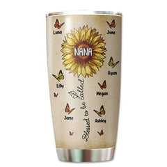 Personalized Sunflower Grandma Mimi Nana Grandkid Thanksgiving Christmas Tumbler Cup Sunflower Butterflies Tumbler Cup For Grandmother with Grandkid Names Multi Customized Gifts Idea
