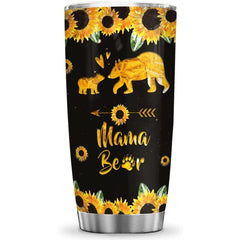 Mama Bear Mom Gifts Sunflower Bear Lover Stainless Steel Tumbler Cup with Lid, Double Wall Vacuum Thermos Insulated Travel Coffee Mug