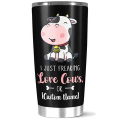 Personalized Lovely Cow Is Smiling Tumbler, Customized Name Just Love Cow Quote, Gift For Women Men Sister On Birthday, 20 Or Stainless Steel Coffee Cup, Home Travel Office Use, White