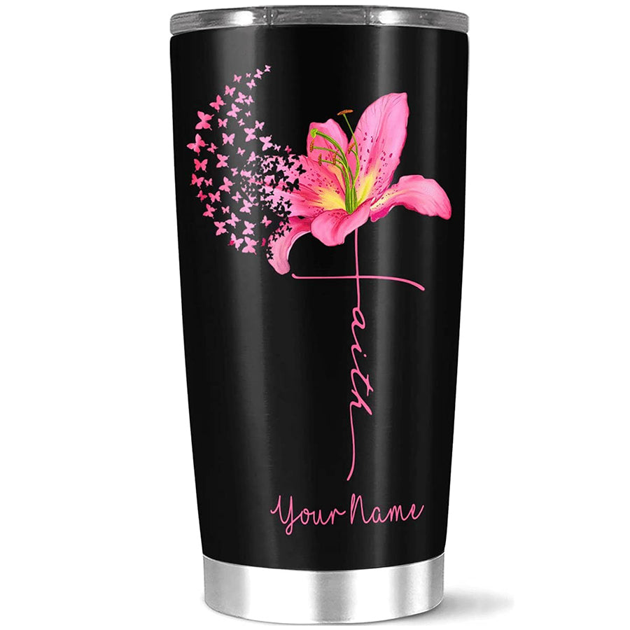 Personalized Coffee Tumbler Pink Butterfly Faith, Customized Name Flying Flower Insulated Cup, Gift For Sister, Daughter On Birthday, 20 Or Stainless Steel, White, 20,