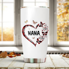 Personalized Tumbler For Grandma Custom Grandkids Name Red Black Plaid Heart With Butterflies Stainless Steel Cup With Lid For Nana Grandmother Customized Gifts For Mothers Day Birthday
