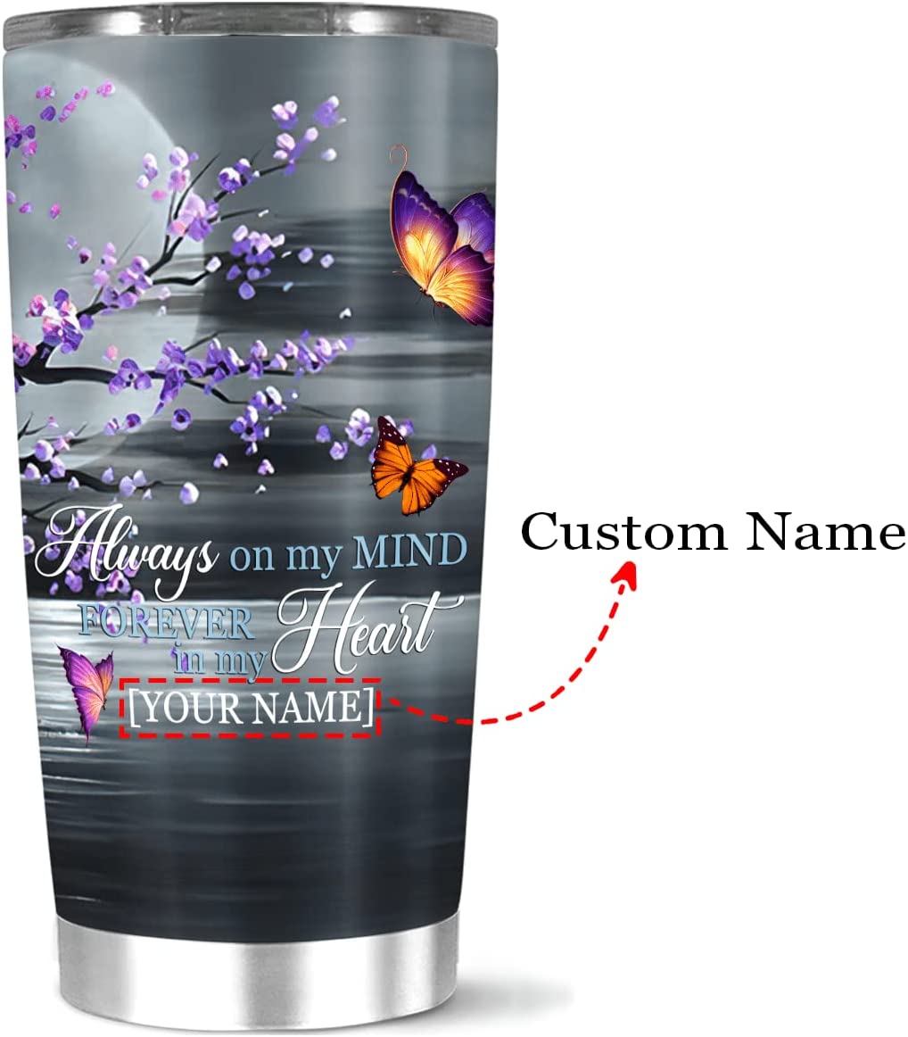 Personalized Coffee Tumbler, Customized Name Always On My Mind Forever In My Heart Tumbler, Butterfly With Tiny Flower, Large 20 Stainless Steel, Gift For Women Girl On Birthday
