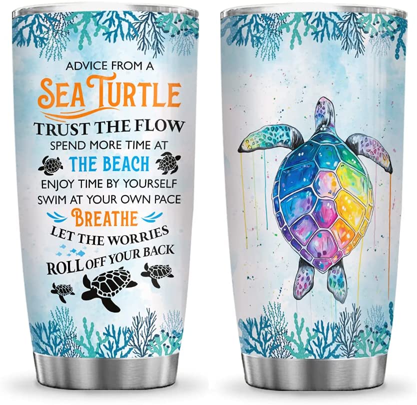 Flip Flop Beach with Turtle Inspiration Motivation Sea Beach Ocean Turtle Lover Tumbler Cup with Lid, Double Wall Vacuum Thermos Insulated Travel Coffee Mug - HAL0412006
