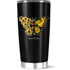 Personalized Coffee Tumbler Faith Cross Sunflower Butterfly Christian, Custom Name Cross Butterfly Insulated Cup, Gift For Mom, Dad, Children On Birthday, 20 Or Stainless Steel, White