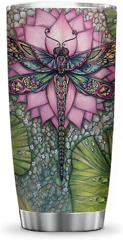 Lotus Flower Dragonfly Inspiration Motivation Dragonfly Lover Tumbler Cup with Lid, Double Wall Vacuum Thermos Insulated Travel Coffee Mug - HNL1712002