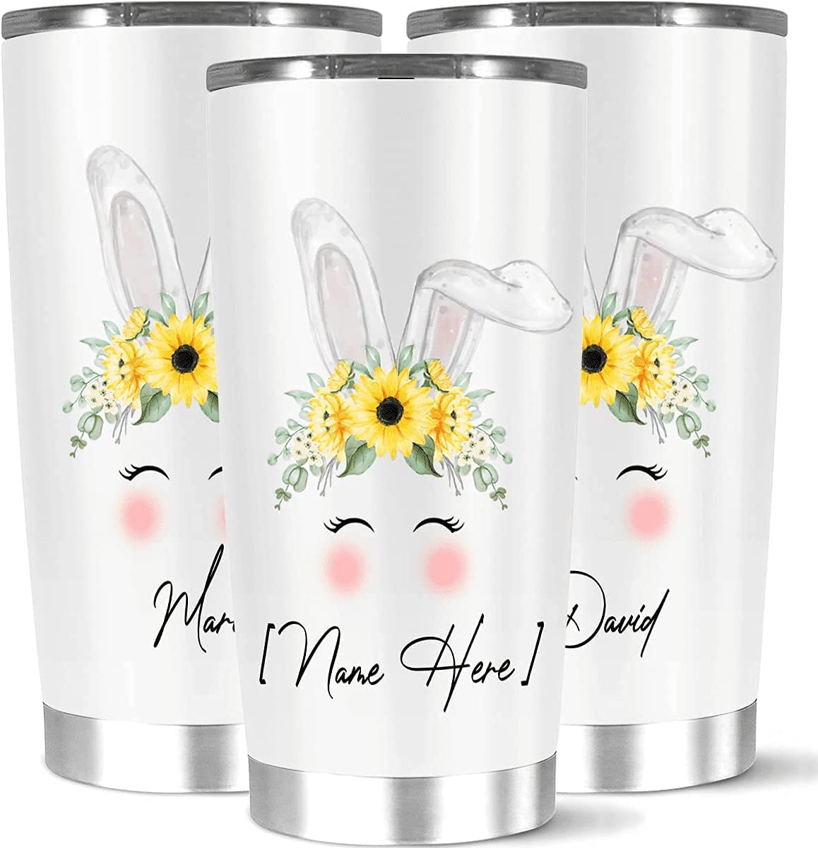 Cute Personalized Rabbit Flower Vacuum Insulated Coffee Tumbler For Unique Birthday Gift, Premium Customized Pretty Animal Bunny Coffee Cup With Name Custom, 20 Or Tumbler