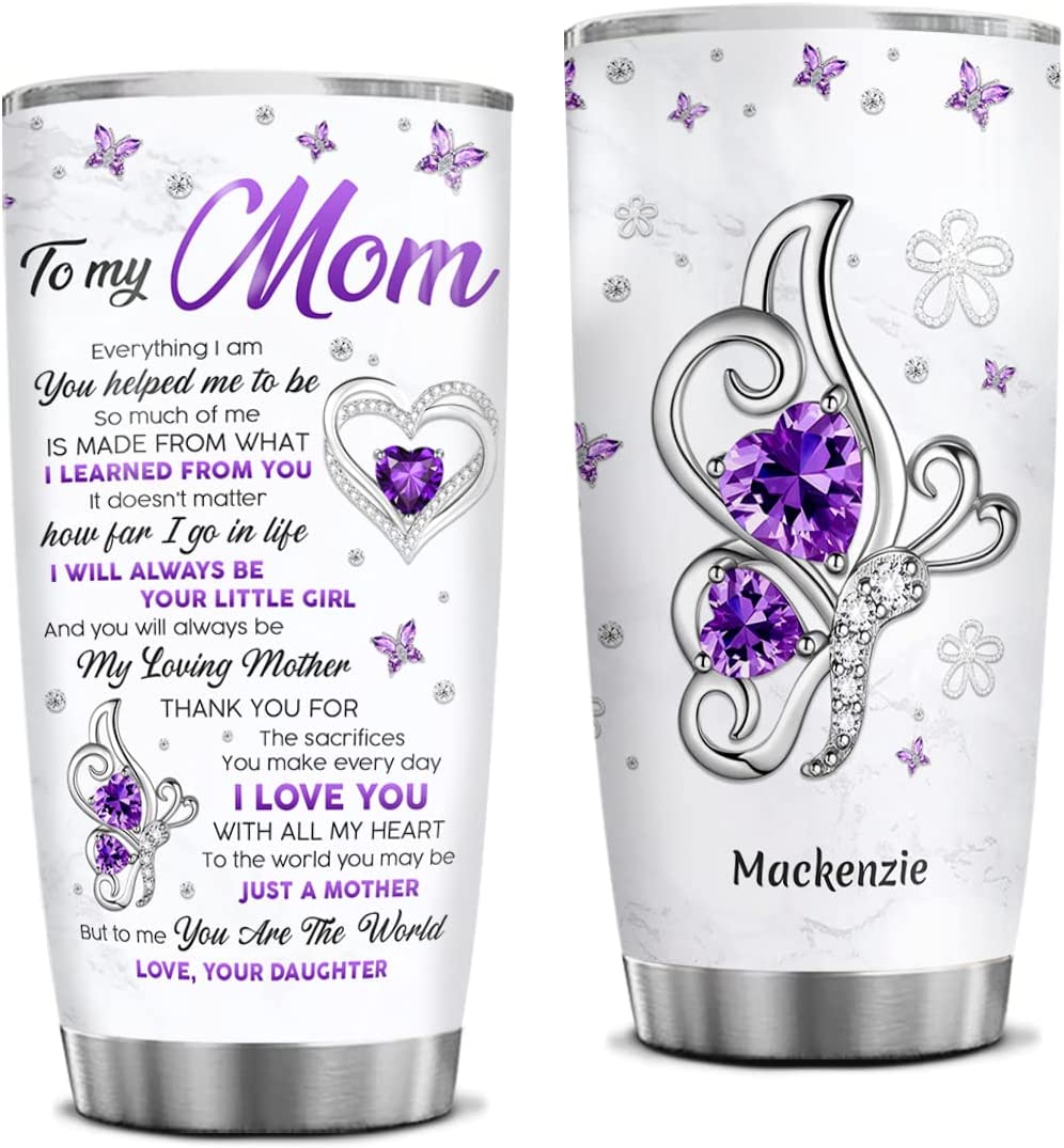 Mom Tumbler Personalized Mothers Day Gifts From Daughter To My Mom Butterfly Jewelry Drawing Style Stainless Steel Tumblers With Lid Birthday Christmas Presents For Best Mom Ever