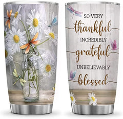 Thankful Grateful Blessed Daisy Flower Dragonfly Inspiration Tumbler Cup with Lid, Double Wall Vacuum Thermos Insulated Travel Coffee Mug - DNR0211024