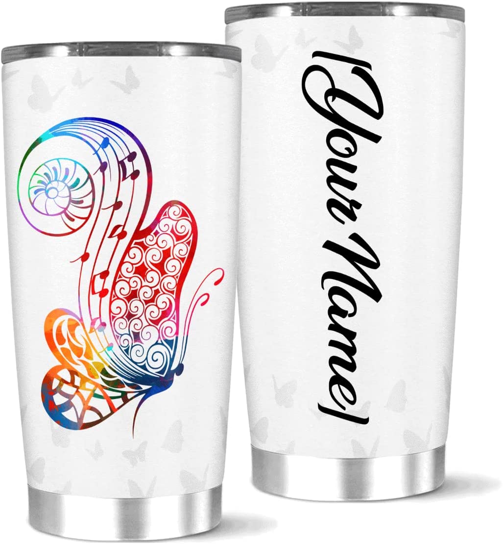 Personalized Insulated Tumbler Colorful Butterfly Musical Note Tumbler Gift For Women Girl Friend Family On Birthday Stainless Steel Tumbler 20 Custom Double Wall Tumbler With Name