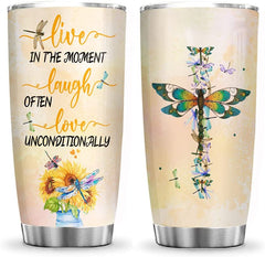 Live in The Moment Laugh Often Love Unconditionally Painting Dragonfly Sunflower Inspiration Tumbler Cup with Lid, Double Wall Vacuum Thermos Insulated Travel Coffee Mug - PYR3012016