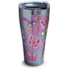 Butterfly Motif Stainless Steel Tumbler with Clear and Black Hammer Lid , Silver, Butterfly Tumbler