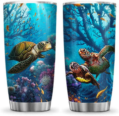 Turtle in The Ocean Deep Sea Turtle Lover Inspiration Motivation Tumbler Cup with Lid, Double Wall Vacuum Thermos Insulated Travel Coffee Mug