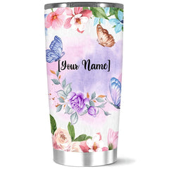 Personalized Insulated Tumbler Butterfly With Flower, Custom Gift For Women Girl Friend Mom Sister On Birthday, Customized Stainless Steel Tumbler, Large 20 Tumbler For Coffee Tea
