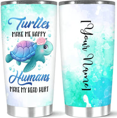 Personalized Turtles Make Me Happy, Humans My Head Hurt Tumbler, Customized Name Coffee Tumbler For Turtle Lover, 20 Home Office Use Insulated Gift From Mom Dad, White, 20,