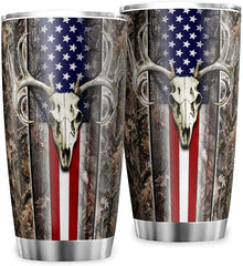 American Flag Hunting Deer Light Travel Mug Insulated Tumbler Stainless Steel Car Cup Gifts for School Outdoor with Clear Lid white8