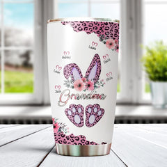 Personalized Easter Bunny Insulated Tumbler For Grandma Bunny Ear And Feet Pink Leopard Flowers Printed Tumblers With Lid For Nana Mimi From Grandkids Gifts For Easters Day Mothers Day