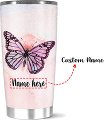 Personalized Do More Of What Makes You Happy Coffee Tumbler, Customized Name Twinkling Pink Butterfly Cup, Gift For Girl On Birthday, Holiday, Custom, 20 Or Stainless Steel, White