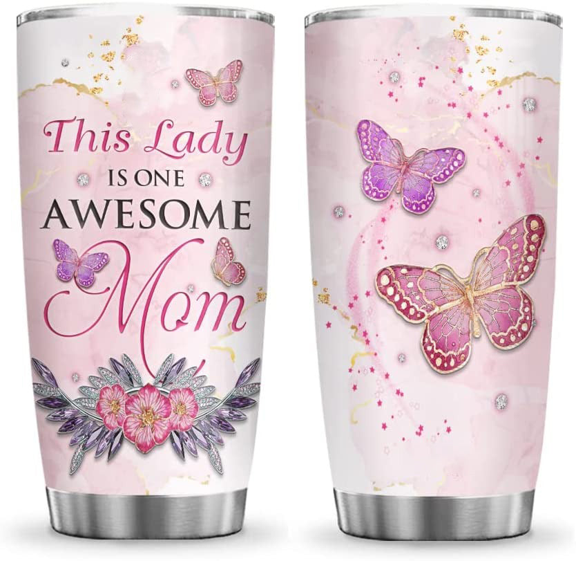 Mom Tumbler Gift, Pink Marble Style Flower Butterfly Awesome Mom Mother Gifts Tumbler Cup with Lid, Double Wall Vacuum Thermos Insulated Travel Coffee Mug