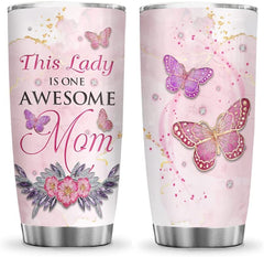 Mom Tumbler Gift, Pink Marble Style Flower Butterfly Awesome Mom Mother Gifts Tumbler Cup with Lid, Double Wall Vacuum Thermos Insulated Travel Coffee Mug