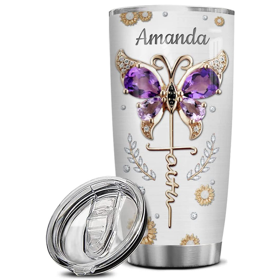 Christian Gift, Butterfly Tumbler Cup With Lid Jewelry Style Stainless Steel Double Wall Vacuum Insulated Tumblers Coffee Travel Mug Birthday Christmas Christian Religious Gifts