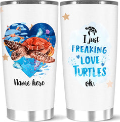 Personalized I Just Freaking Love Turtles OK Coffee Tumbler, Customized Name Sea Turtle Swim In The Ocean Insulated Cup, 20 Or Stainless Steel, White, 20,