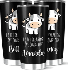 Personalized Pretty I Just Freaking Love Cow Vacuum Insulated Coffee Tumbler For Unique Birthday Gift, Premium Customized Cute Animal Coffee Cup, Name Custom 20 Or Tumbler, White