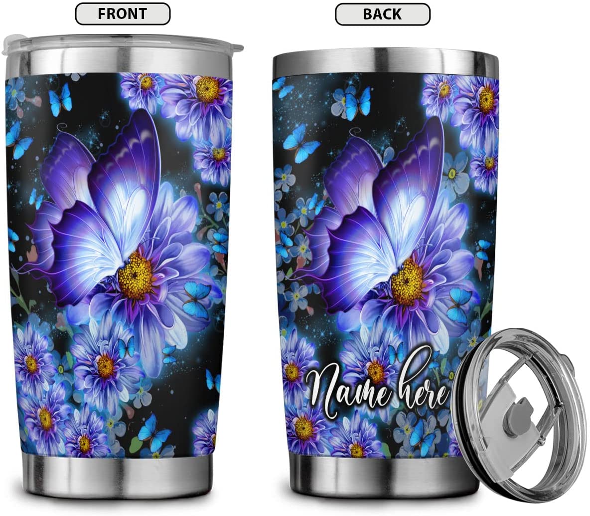 Personalized Stainless Steel Tumblers , with Lid - Butterfly and Flower Tumbler Cup with Lid, Double Wall Vacuum Thermos Insulated, Funny Gifts for Women, Men, Christmas, Birthday