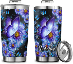 Personalized Stainless Steel Tumblers , with Lid - Butterfly and Flower Tumbler Cup with Lid, Double Wall Vacuum Thermos Insulated, Funny Gifts for Women, Men, Christmas, Birthday